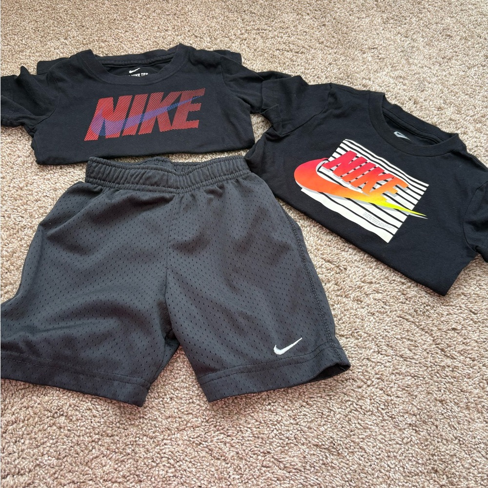 Nike Kids Black and Red Graphic Tees with Black Shorts